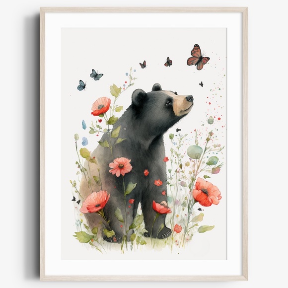 Other - Watercolor Floral Black Bear Portrait Wall Art Illustration Print Unframed